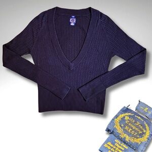VTG Ralph Lauren Polo Jeans Co Navy Slim-Fit Ribbed Cotton Deep V-Neck Sweater L